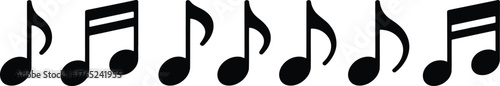 Music notes icon set, vector illustration of musical symbols, notes, treble clef, bass clef, staff, piano, guitar, violin, melody, rhythm, black vector