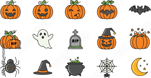 Halloween Festive Icon Collection Spooky Vector Elements for Autumn Celebrations, Featuring Jack-o'-Lanterns, Ghosts, Witches, and Creepy Creatures for Themed Designs