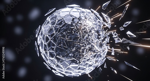Shattered sphere of polygonal mirror fragments, disintegration concept