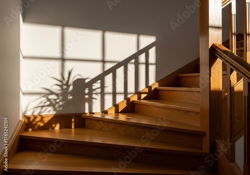 Staircase in sunlight casts shadows, wood design and architectural focus