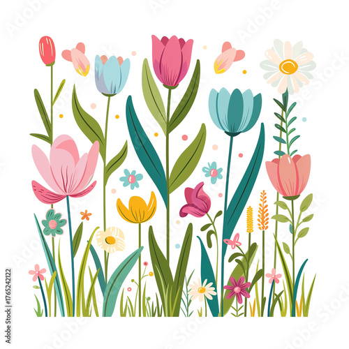 Illustration of a spring garden with colorful flowers, leaves, and butterflies. Minimalist flat design in warm pastel tones, bright and cheerful