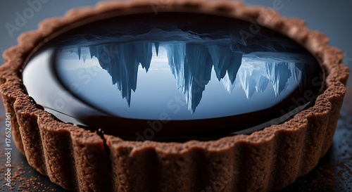Surreal chocolate tart reflecting glacial icebergs on a dark backdrop