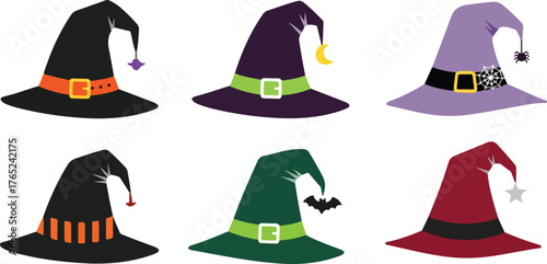 Assortment of Colorful Halloween Witch Hats for Festive Celebrations and Costume Design, icon set illustration