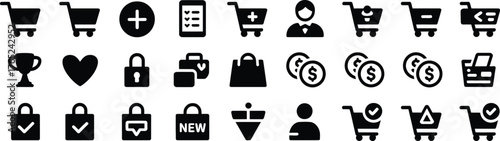 Online shopping and ecommerce glyph icon bundle with add, remove, product, discount, offer, sale, free shipping, delivery, map pin, return, customer support, black vector silhouettes for retail, marke