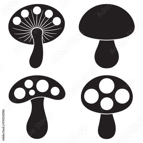 Collection of stylized mushroom vector illustrations in black and white tones