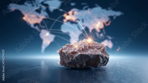 A metallic rare earth mineral positioned in front of a global network map glowing with connection lines, symbolizing worldwide supply chain integration.