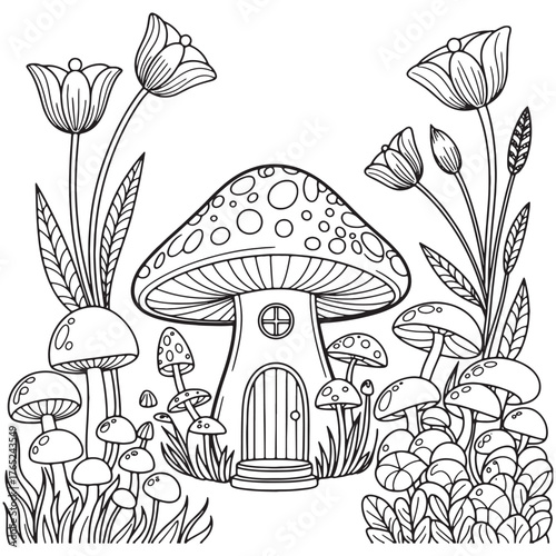 Whimsical Mushroom House Coloring Page with Flowers and Toadstools Galore