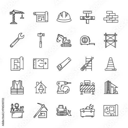 A collection of line art icons representing various construction and building tools and equipment.