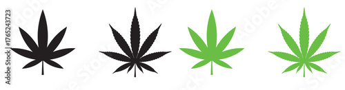 A set of cannabis leaf illustrations isolated on white background, featuring different styles and colors, showcasing the iconic symbol in both black and green variations, perfect for designs related t