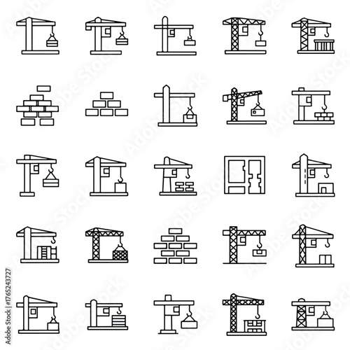 Collection of construction icons, depicting cranes, bricks, and building plans for various projects.