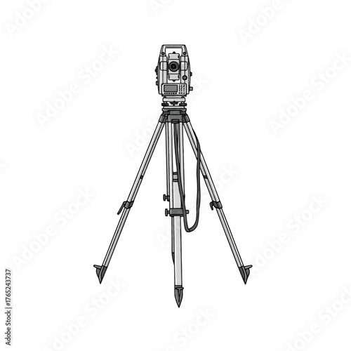 Illustration of a theodolite on a tripod, surveying equipment.