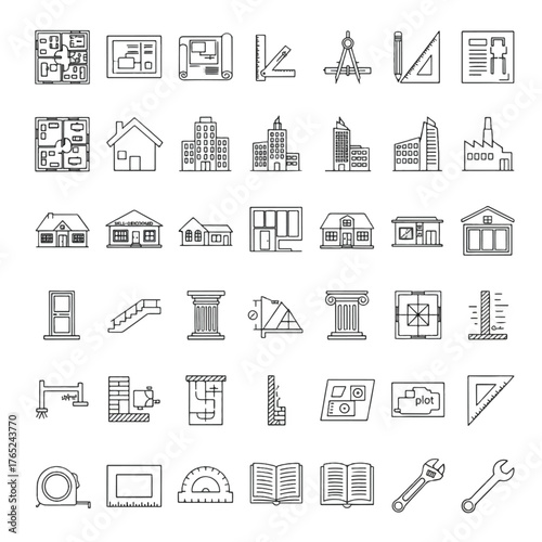 Collection of architectural and construction icons, representing various building elements and tools.