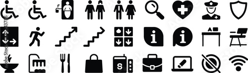 Public area wayfinding glyph icon bundle with navigation, emergency, escalator, elevator, stairs, info desk, extinguisher, food court, black vector silhouettes for malls, airports, stations, and publi