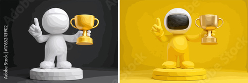 Eine stilvolle 3D-Illustration präsentiert eine triumphierende Figur mit glänzender Goldtrophäe, die Erfolg und herausragende Leistung symbolisiert.