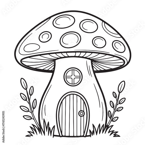Whimsical Mushroom House Illustration for Childrens Books and Coloring Pages