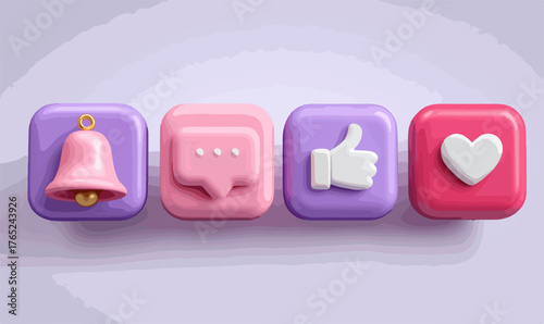 Vektor-Illustration von Social-Media-Symbolen in 3D-Optik, die Benachrichtigungen, Kommentare, Likes und Liebe auf einer violetten Oberfläche darstellen.