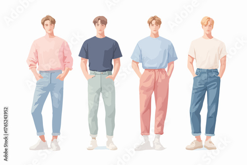 Vektor-Illustration einer Kollektion von Männeroutfits, die verschiedene Farben und Stile für einen modernen und lässigen Look präsentieren.