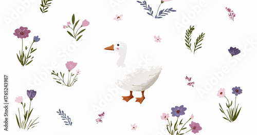 Eine niedliche Vektorillustration zeigt eine weiße Gans inmitten einer Vielzahl von Blumen, die eine verspielte und natürliche Szene erzeugt.