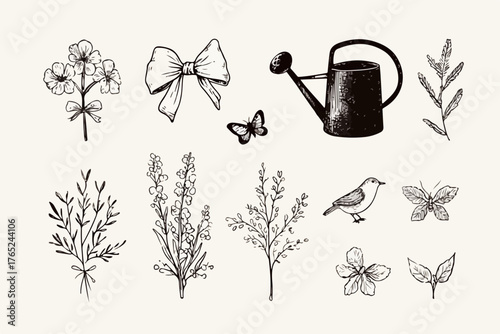 Dieses Vektor-Set präsentiert eine charmante Sammlung handgezeichneter botanischer und natürlicher Elemente im Vintage-Stil, ideal für kreative Designs.