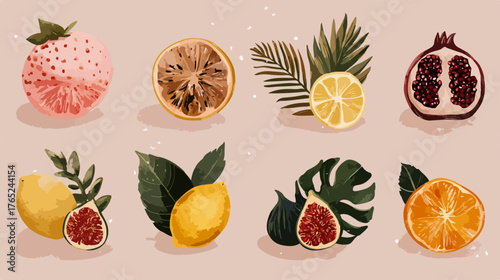 Eine ansprechende Zusammenstellung von frischen und getrockneten Früchten mit tropischen Blättern in einem modernen Vektor-Design.