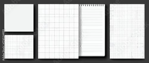 Vektor-Set mit verschiedenen weißen Blanko-Blättern, Notizblöcken und Notizbüchern in karierter und linierter Ausführung für vielfältige Designprojekte.