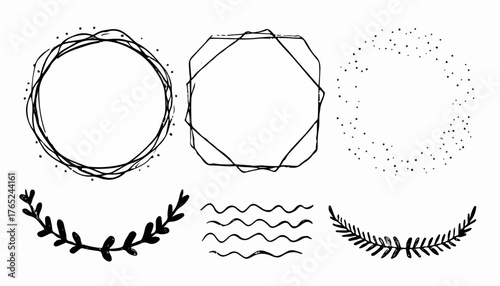 Eine vielfältige Sammlung von handgezeichneten Vektorrahmen und dekorativen Elementen, ideal für kreatives Design und individuelle Gestaltungsprojekte.