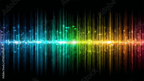 Eine dynamische Vektorgrafik zeigt farbenfrohe Schallwellen oder einen Equalizer auf dunklem Hintergrund, der Energie und Technologie symbolisiert.