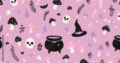 Ein verspieltes, wiederholbares Vektormuster, das okkulte Elemente wie Totenköpfe, Hexenhüte, Kessel und Pilze auf einem hellvioletten Hintergrund zeigt.