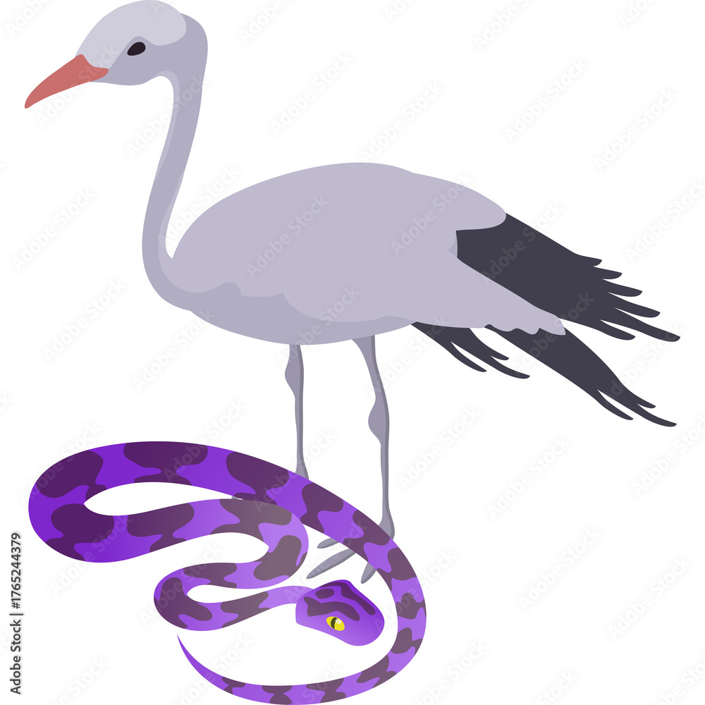 Fototapeta premium Pixel Art Stork Standing Beside a Coiled Purple Snake With Yellow Eyes On White Background