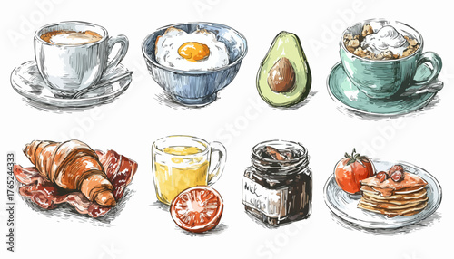 Illustration eines köstlichen Frühstücks mit Kaffee, Eiern, Avocado, Cappuccino, Croissant, Saft, Marmelade und Pfannkuchen, handgezeichnet im Vektorstil.