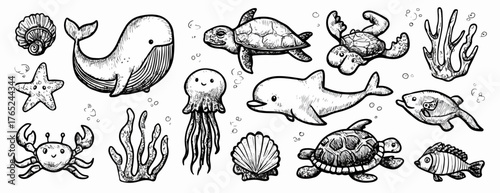 Eine charmante Vektorillustration mit einer Vielzahl von handgezeichneten Meereslebewesen, darunter Wale, Schildkröten und Fische, in Schwarz-Weiß.
