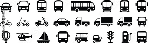 Vehicle and transportation glyph icon bundle with car, train, bus, bicycle, boat, airplane, travel, logistics, public transit concepts, black vector silhouettes for travel, transport, logistics, and p