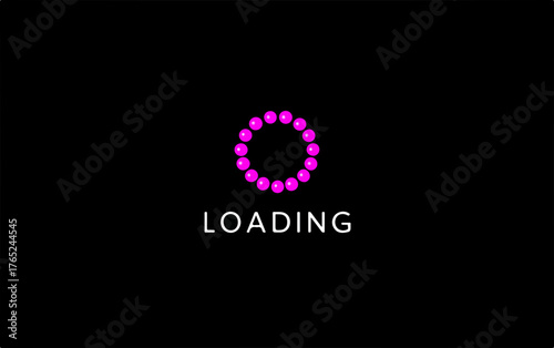 Animierter Ladekreis mit leuchtenden, magentafarbenen Punkten auf schwarzem Hintergrund, digitaler Fortschrittsanzeige.