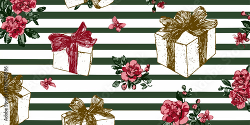 Nahtloses Vektor-Muster mit handgezeichneten Geschenken, roten Rosen und dunkelgrünen Streifen.