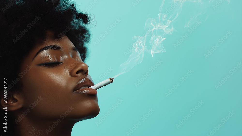 Obraz premium Black woman smoking a cigarette, copy space