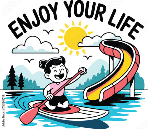 Enjoy Your Life Watersport Cartoon – Fun Kid Paddleboarding on Lake with Sun, Nature, and Waterslide Vector Design