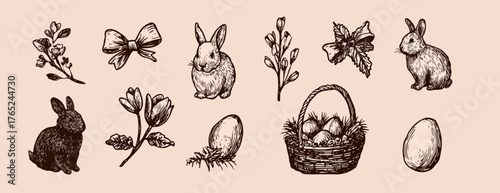 Vintage Vektor-Set mit Osterhasen, Eiern, Körben und floralen Elementen in Sepia-Tönen.