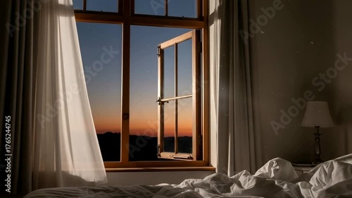 Serene bedroom at sunset with open window revealing a picturesque landscape outside