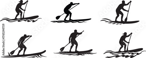 Paddle Board Silhouette Vector Set – Stand Up Paddleboarding Illustrations of Active People on Water for Sports, Adventure, and Outdoor Design Projects