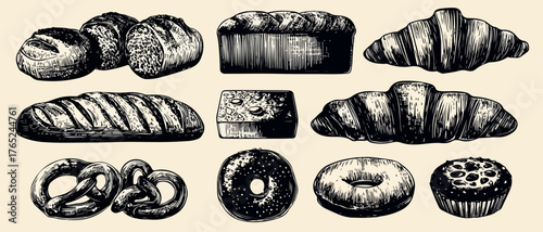 Vintage Vektor-Zeichnung einer Sammlung verschiedener Backwaren wie Brot, Croissants, Brezeln und Donuts.