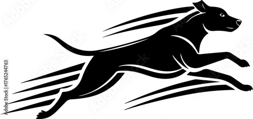 A black silhouette of a muscular dog, possibly a pit bull, leaping forward at high speed with stylized motion lines.