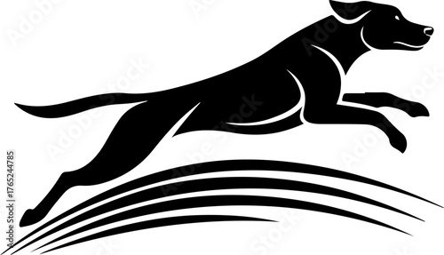 A dynamic black silhouette of a sleek dog leaping powerfully over abstract motion lines.