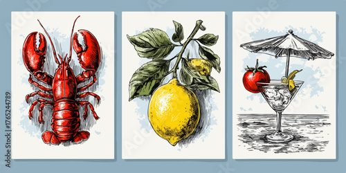 Dreiteilige Vektor-Illustration: Hummer, Zitrone am Zweig und Cocktail am Strand im Vintage-Stil.