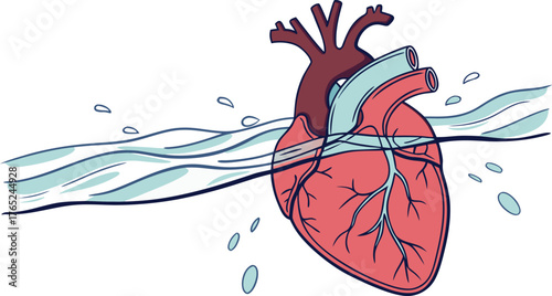 Anatomical human heart organ floating half-submerged in flowing water with splashes.