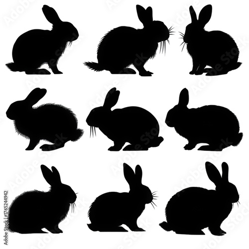 A collection of nine black rabbit silhouettes.