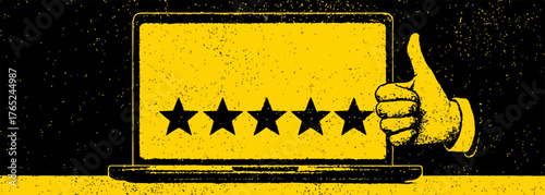 Vektor-Illustration einer Fünf-Sterne-Bewertung auf einem Laptop-Bildschirm mit Daumen hoch Geste in Gelb-Schwarz