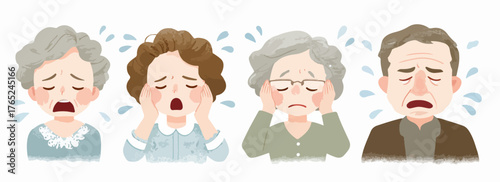Eine Illustration von vier älteren Menschen, die Tränen vergießen und ihre Emotionen in einem Vektor-Design zum Ausdruck bringen.