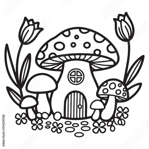 Enchanting mushroom house scene with flowers and whimsical design elements