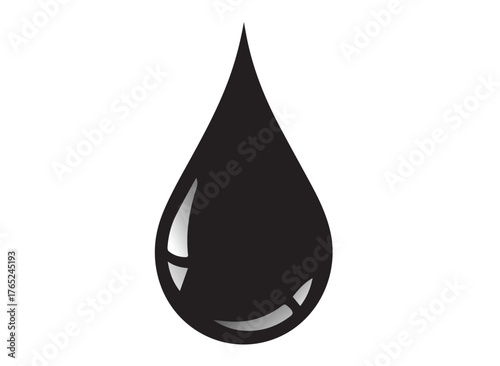 A single black oil drop isolated on white background, representing petroleum, fuel, or a liquid spill, with a glossy surface and a simple, clean design, ideal for environmental or industrial themes
