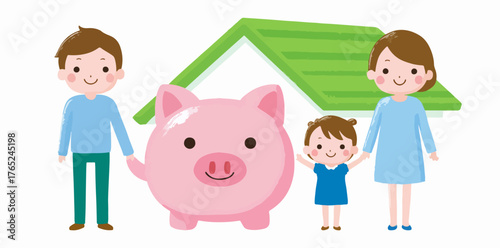 Eine glückliche Familie, die ihr Geld in einem Sparschwein für ein zukünftiges Zuhause spart, während ein Haus symbolisch dargestellt wird.